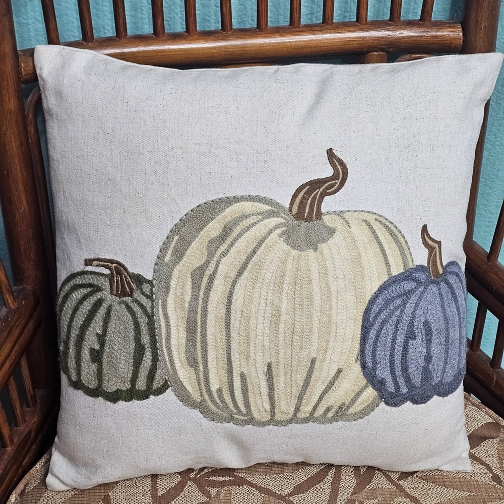 Pier 1 Imports Embroidered Three Pumpkin Fall Throw Pillow Cream Blue Sage 15x15